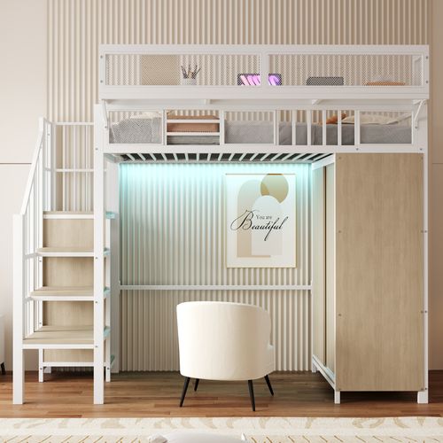 Lit Mezzanine 90 X 200 Cm Avec LED, Escalier, Armoire Et Étagères Blanc + Imitation Chêne