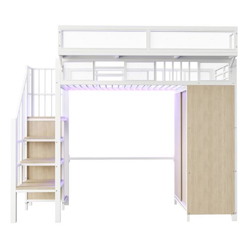 Lit Mezzanine 90 X 200 Cm Avec LED, Escalier, Armoire Et Étagères Blanc + Imitation Chêne