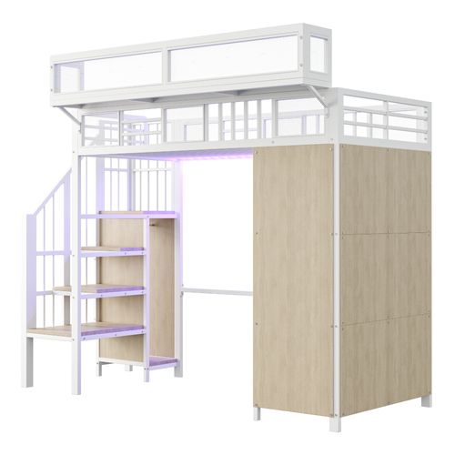 Lit Mezzanine 90 X 200 Cm Avec LED, Escalier, Armoire Et Étagères Blanc + Imitation Chêne