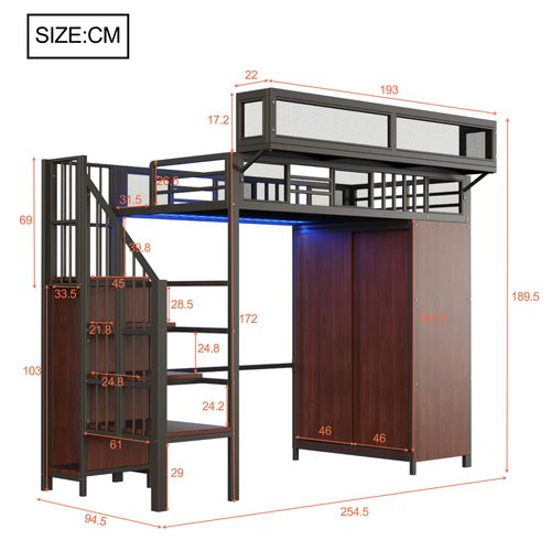 Lit Mezzanine 90 X 200 Cm Avec LED, Escalier, Armoire Et Étagères Noir