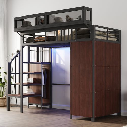 Lit Mezzanine 90 X 200 Cm Avec LED, Escalier, Armoire Et Étagères Noir