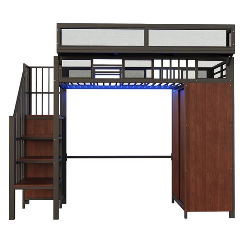 Lit Mezzanine 90 X 200 Cm Avec LED, Escalier, Armoire Et Étagères Noir