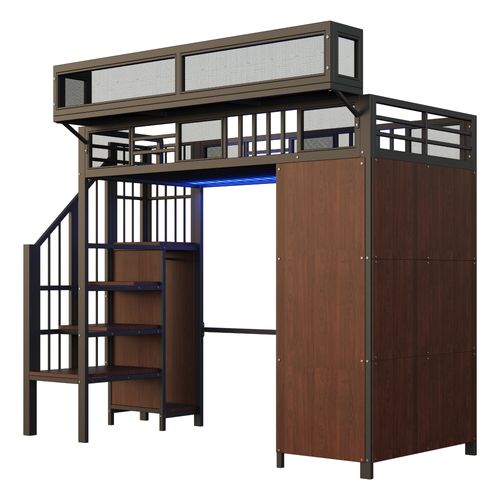 Lit Mezzanine 90 X 200 Cm Avec LED, Escalier, Armoire Et Étagères Noir