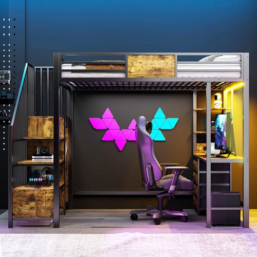 Lit Mezzanine 90 X 200 Cm Avec LED, 4 Tiroirs, Bureau Et Étagères Noir