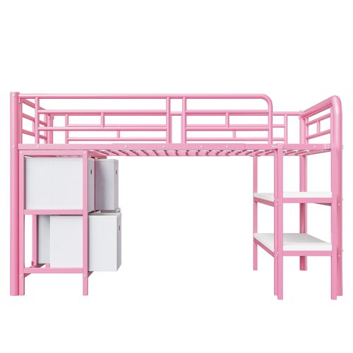 Lit Mezzanine 90 X 200 Cm Avec 6 Tiroirs Rembourrés Et 2 Étagères Rose