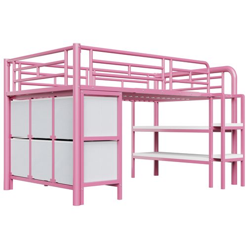 Lit Mezzanine 90 X 200 Cm Avec 6 Tiroirs Rembourrés Et 2 Étagères Rose