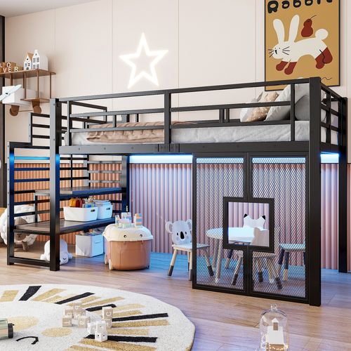 Lit Mezzanine 90 X 200 Cm Avec LED, Fenêtre Et Étagère à 2 Niveaux Noir