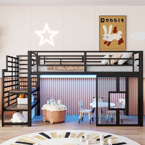 Lit Mezzanine 90 X 200 Cm Avec LED, Fenêtre Et Étagère à 2 Niveaux Noir