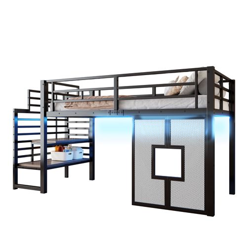 Lit Mezzanine 90 X 200 Cm Avec LED, Fenêtre Et Étagère à 2 Niveaux Noir
