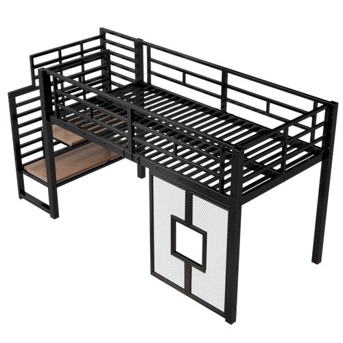 Lit Mezzanine 90 X 200 Cm Avec LED, Fenêtre Et Étagère à 2 Niveaux Noir