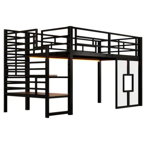 Lit Mezzanine 90 X 200 Cm Avec LED, Fenêtre Et Étagère à 2 Niveaux Noir