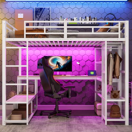 Lit Mezzanine 140 X 200 Cm Avec LED, Bureau, Étagères Et Penderie Ouverte Blanc