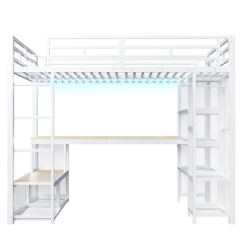Lit Mezzanine 140 X 200 Cm Avec LED, Bureau, Étagères Et Penderie Ouverte Blanc