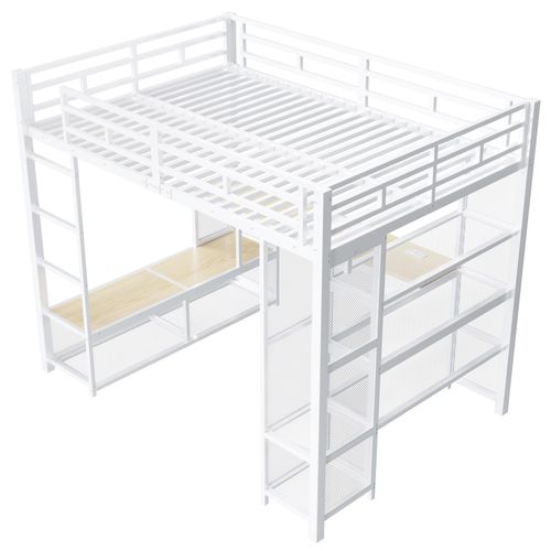 Lit Mezzanine 140 X 200 Cm Avec LED, Bureau, Étagères Et Penderie Ouverte Blanc