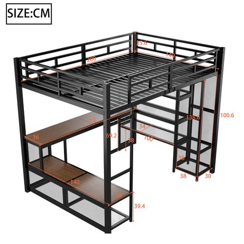 Lit Mezzanine 140 X 200 Cm Avec LED, Bureau, Étagères Et Penderie Ouverte Noir