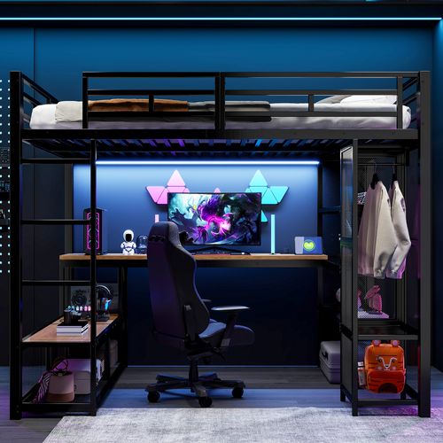 Lit Mezzanine 140 X 200 Cm Avec LED, Bureau, Étagères Et Penderie Ouverte Noir