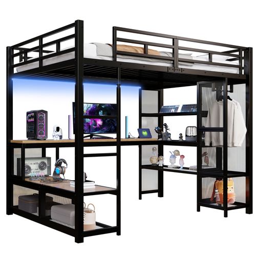 Lit Mezzanine 140 X 200 Cm Avec LED, Bureau, Étagères Et Penderie Ouverte Noir