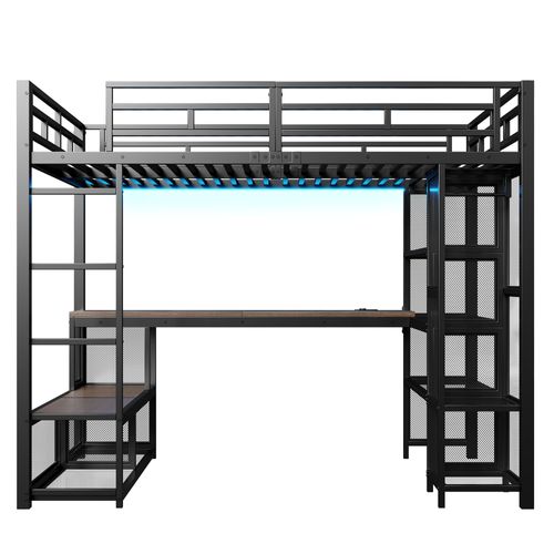 Lit Mezzanine 140 X 200 Cm Avec LED, Bureau, Étagères Et Penderie Ouverte Noir