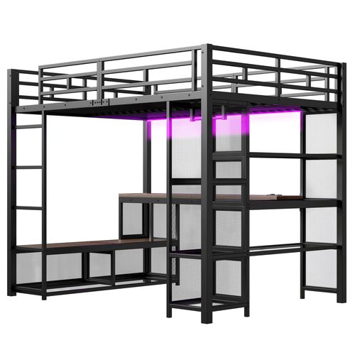 Lit Mezzanine 140 X 200 Cm Avec LED, Bureau, Étagères Et Penderie Ouverte Noir