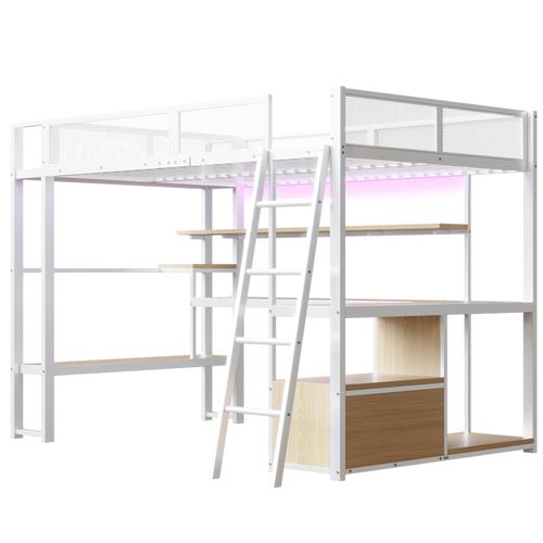 Lit Mezzanine 140 X 200 Cm Avec LED, Bureau Et Étagères à Plusieurs Niveaux Blanc