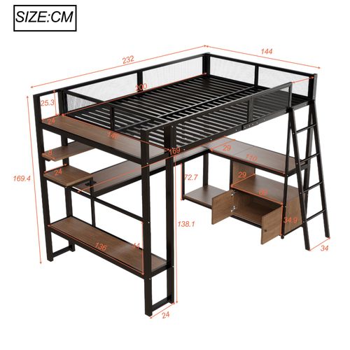 Lit Mezzanine 140 X 200 Cm Avec LED, Bureau Et Étagères à Plusieurs Niveaux Noir