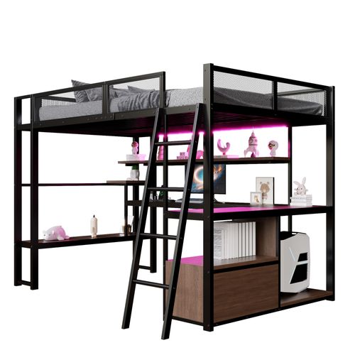 Lit Mezzanine 140 X 200 Cm Avec LED, Bureau Et Étagères à Plusieurs Niveaux Noir