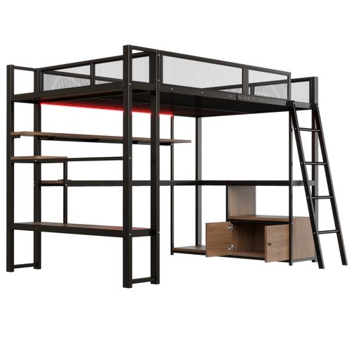 Lit Mezzanine 140 X 200 Cm Avec LED, Bureau Et Étagères à Plusieurs Niveaux Noir