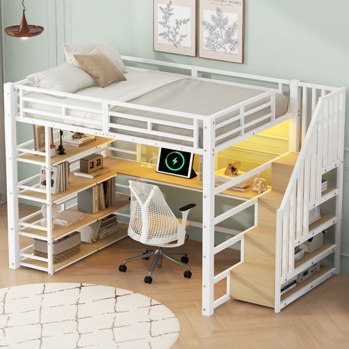 Lit Mezzanine 140 X 200 Cm Avec LED, Bureau, Étagères à Quatre Niveaux Et Escalier De Rangement