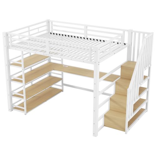 Lit Mezzanine 140 X 200 Cm Avec LED, Bureau, Étagères à Quatre Niveaux Et Escalier De Rangement