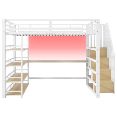 Lit Mezzanine 140 X 200 Cm Avec LED, Bureau, Étagères à Quatre Niveaux Et Escalier De Rangement