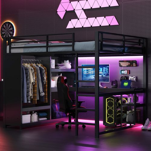 Lit Mezzanine 160 X 200 Cm Avec LED, Bureau, Étagères à Plusieurs Niveaux Et Armoire Ouverte Noir