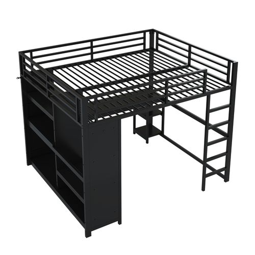 Lit Mezzanine 160 X 200 Cm Avec LED, Bureau, Étagères à Plusieurs Niveaux Et Armoire Ouverte Noir