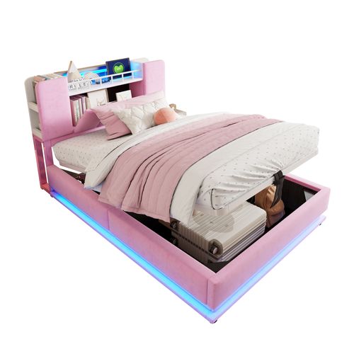 Lit Coffre 90 X 200 Cm Avec LED, USB Et Tête De Lit Avec Rangement Rose