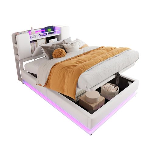 Lit Coffre 90 X 200 Cm Avec LED, USB Et Tête De Lit Avec Rangement Beige