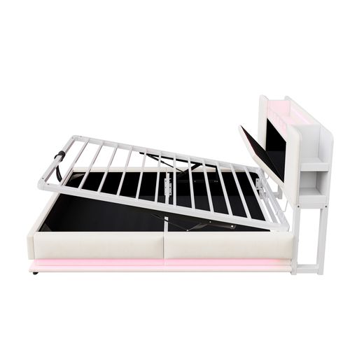 Lit Coffre 90 X 200 Cm Avec LED, USB Et Tête De Lit Avec Rangement Beige