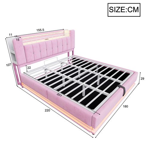 Lit Coffre 180 X 200 Cm Avec LED, USB Et Tête De Lit Avec Rangement Rose