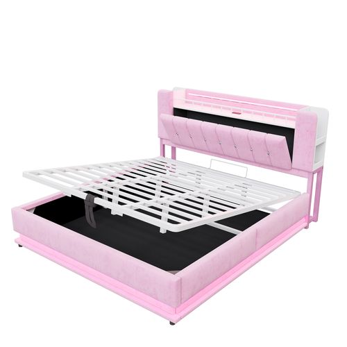 Lit Coffre 180 X 200 Cm Avec LED, USB Et Tête De Lit Avec Rangement Rose