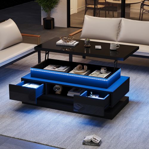 Table Basse Avec LED, 2 Tiroirs Et Bureau Réglable Noir
