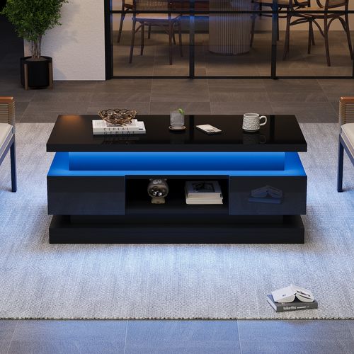 Table Basse Avec LED, 2 Tiroirs Et Bureau Réglable Noir