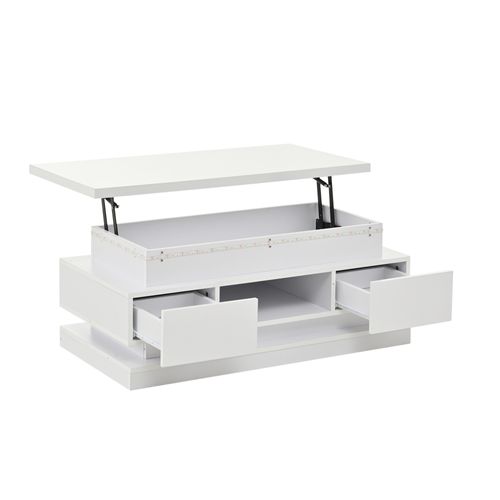 Table Basse Avec LED, 2 Tiroirs Et Bureau Réglable Blanc