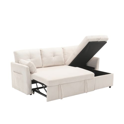 Canapé D'angle Convertible Méridienne Réversible 3 Places Velours Côtelé Beige