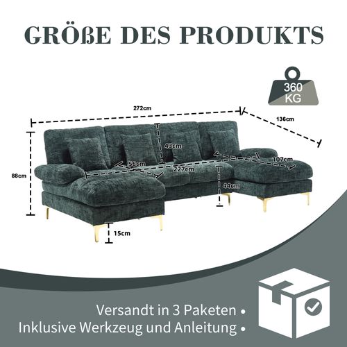 Canapé D'angle Fixe En Forme De U 4 Places Chenille Vert