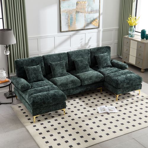 Canapé D'angle Fixe En Forme De U 4 Places Chenille Vert