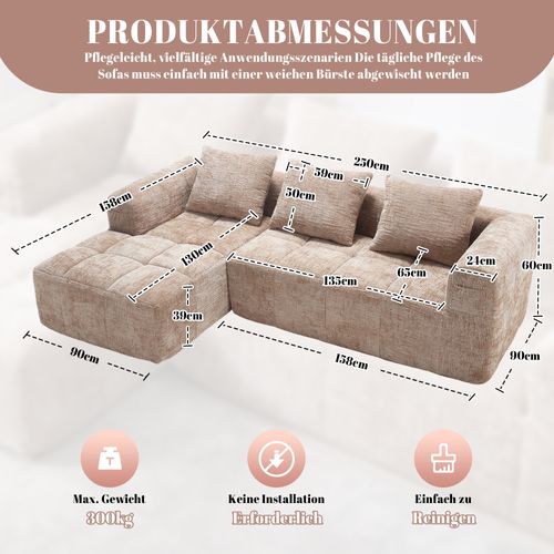 Canapé D'angle Fixe En Forme De L 3 Places Chenille Kaki