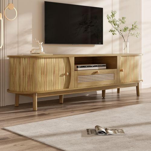 Meuble TV L.165cm Avec 2 Portes Coulissantes, 1 Niche Et 1 Tiroir Imitation Chêne