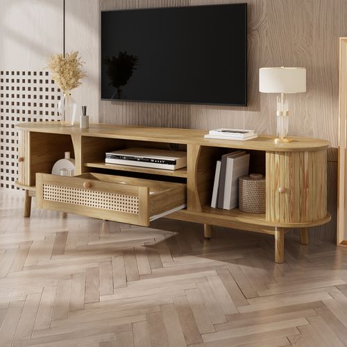 Meuble TV L.165cm Avec 2 Portes Coulissantes, 1 Niche Et 1 Tiroir Imitation Chêne