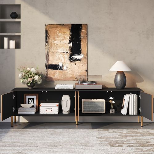 Meuble TV L.179cm Avec 4 Portes Et 5 Pieds En Métal Noir Et Bois