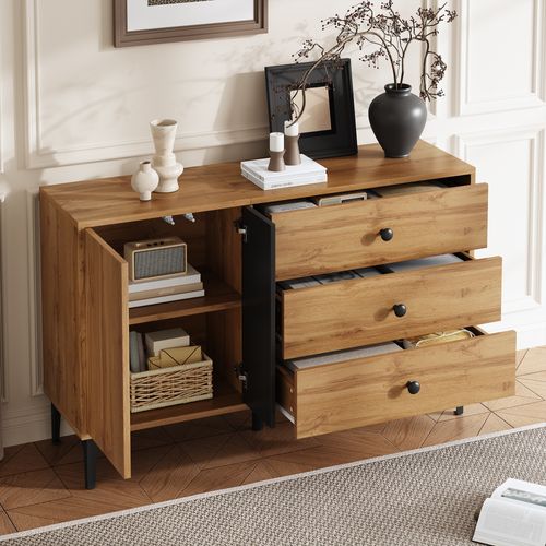 Buffet Avec 2 Portes Et 3 Tiroirs Imitation Chêne Et Noir