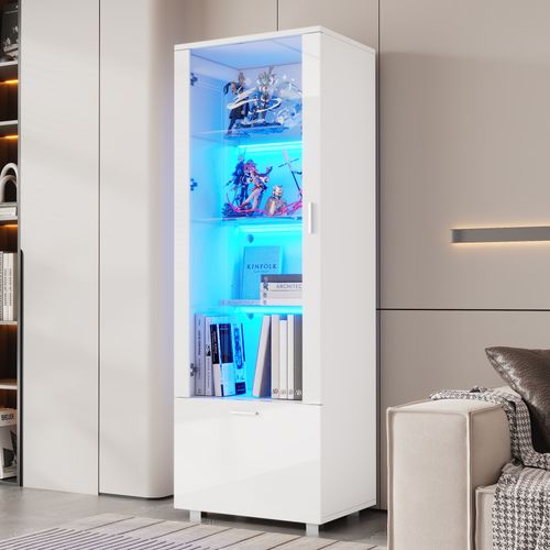Vitrine Avec LED, 1 Porte, Haute à Étagères Réglables Blanc