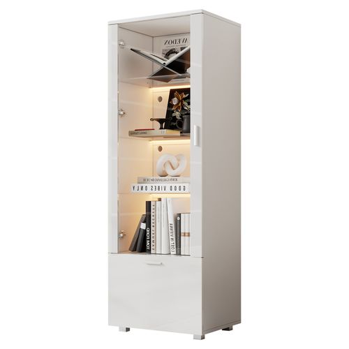 Vitrine Avec LED, 1 Porte, Haute à Étagères Réglables Blanc